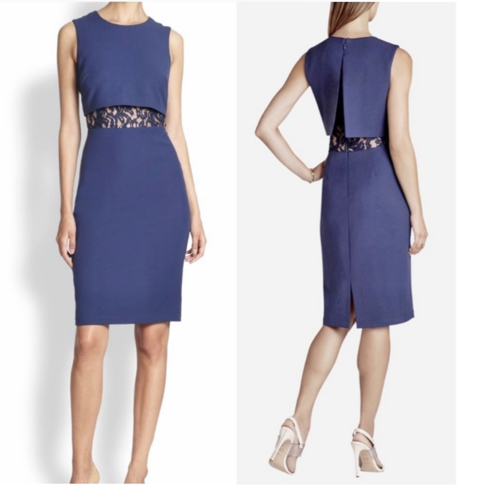 BCBGMaxAzria Baylee Sleeveless Flyaway Back Dress Size 0 Classic Blue Navy Lace